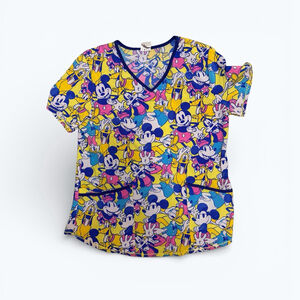 Disney Scrub Top Women’s M Mickey Minnie Pluto V-Neck Pockets Nurse Medical